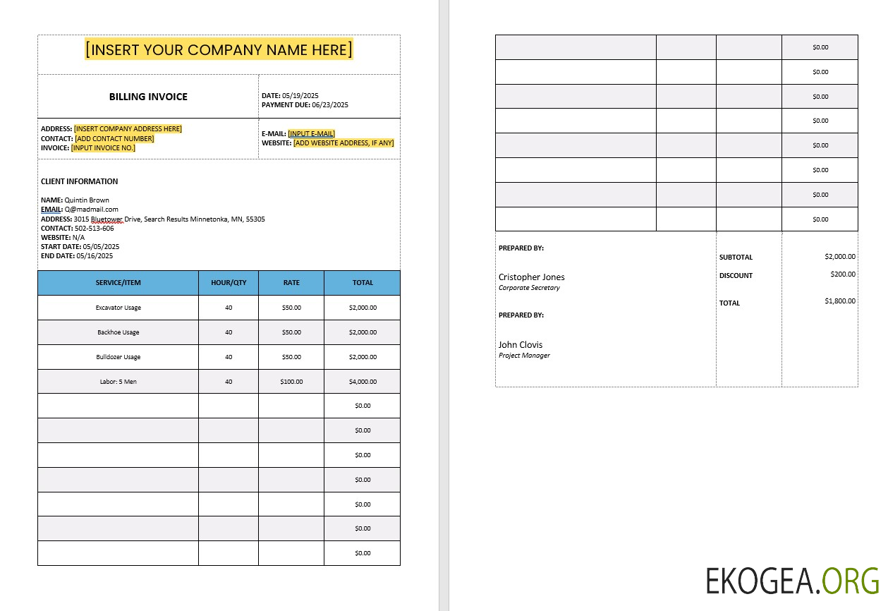 Modèle de facture de facturation de construction